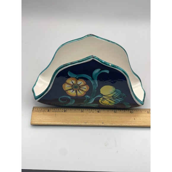 Italian Pottery Napkin Holder Sunflower Lemon Blue Ceramic Hand Painted 6.5" - Picture 7 of 8